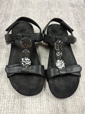 Vionic Black Silver Disc Trimmed Women’s Sz 8 Strappy Ortho Arch Support Sandals